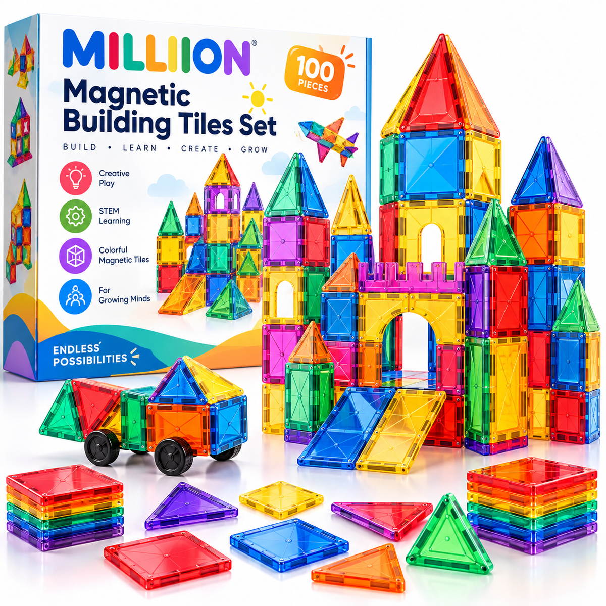 MILLIION® 100-Piece Magnetic Building Tiles Set – Colorful STEM Construction Toys for Creative Learning, Building & Imaginative Play