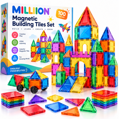MILLIION® 100-Piece Magnetic Building Tiles Set – Colorful STEM Construction Toys for Creative Learning, Building & Imaginative Play