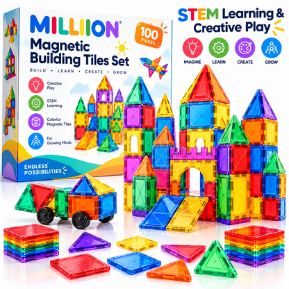 MILLIION® 100-Piece Magnetic Building Tiles Set – Colorful STEM Construction Toys for Creative Learning, Building & Imaginative Play
