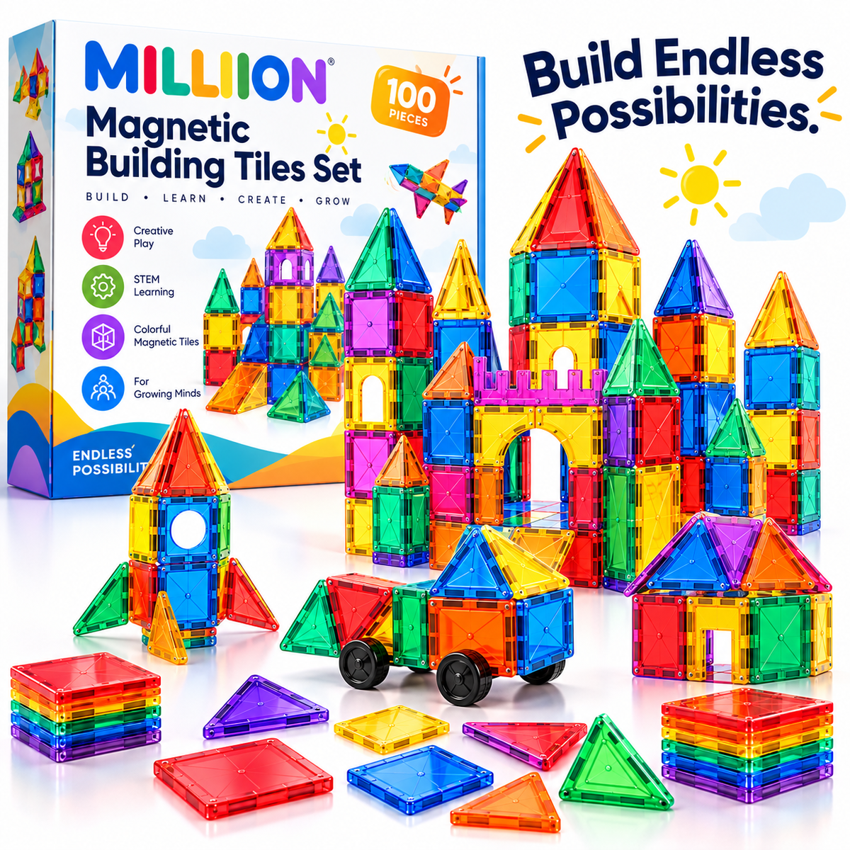 MILLIION® 100-Piece Magnetic Building Tiles Set – Colorful STEM Construction Toys for Creative Learning, Building & Imaginative Play