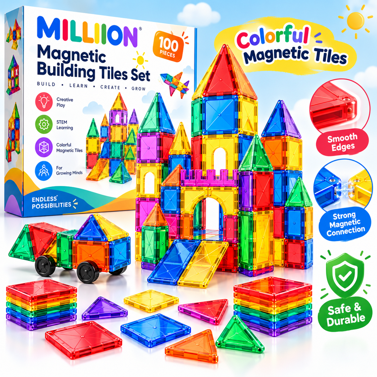 MILLIION® 100-Piece Magnetic Building Tiles Set – Colorful STEM Construction Toys for Creative Learning, Building & Imaginative Play