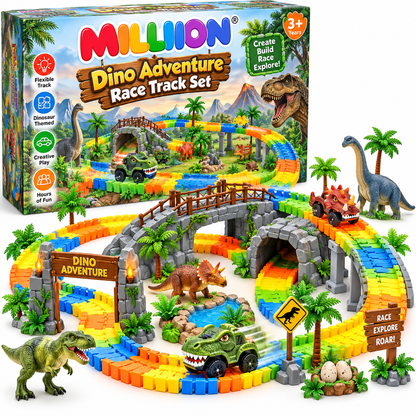 MILLIION® Dino Adventure Race Track Set – Flexible Dinosaur-Themed Track with Race Cars, Bridge, Tunnel & Creative Play Accessories