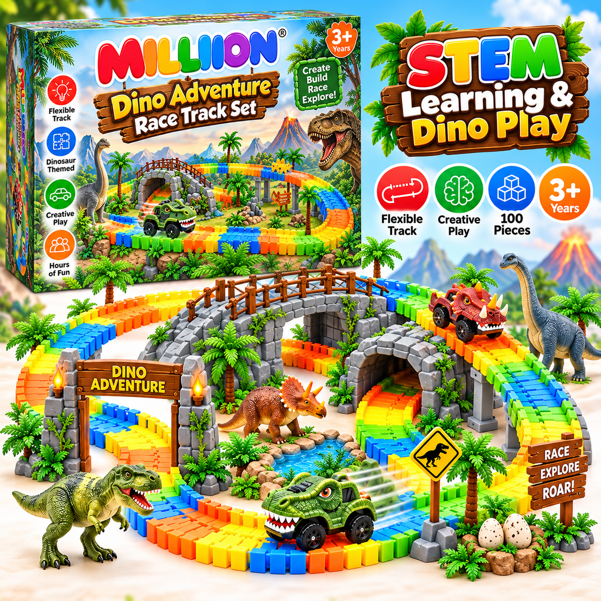 MILLIION® Dino Adventure Race Track Set – Flexible Dinosaur-Themed Track with Race Cars, Bridge, Tunnel & Creative Play Accessories