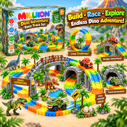 MILLIION® Dino Adventure Race Track Set – Flexible Dinosaur-Themed Track with Race Cars, Bridge, Tunnel & Creative Play Accessories