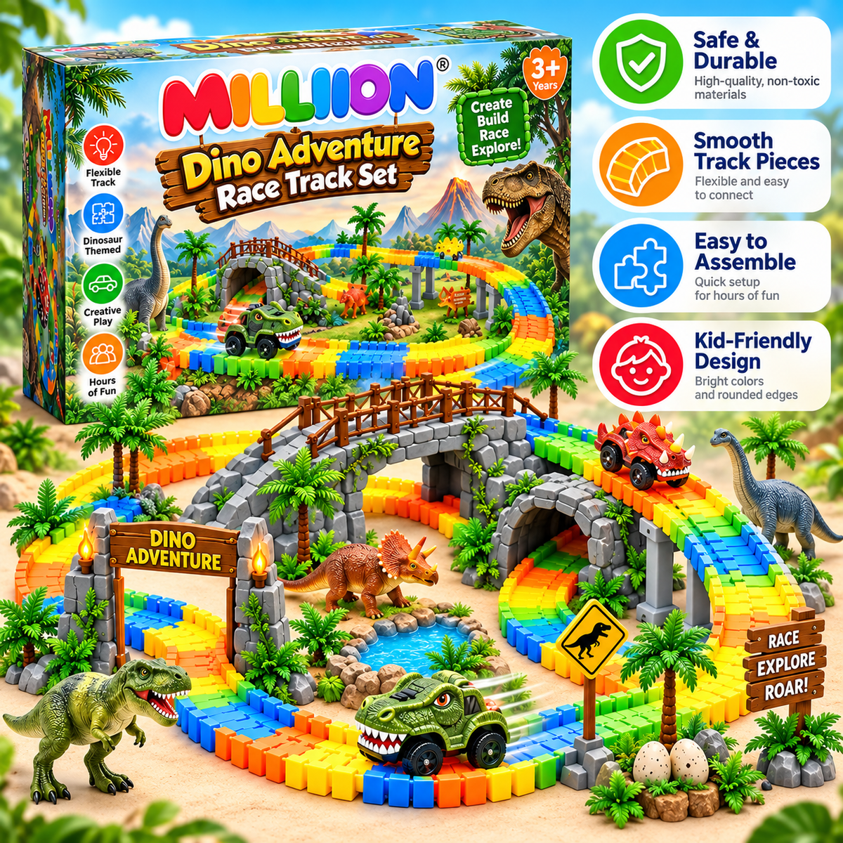 MILLIION® Dino Adventure Race Track Set – Flexible Dinosaur-Themed Track with Race Cars, Bridge, Tunnel & Creative Play Accessories
