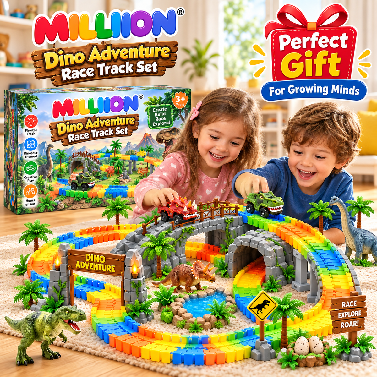 MILLIION® Dino Adventure Race Track Set – Flexible Dinosaur-Themed Track with Race Cars, Bridge, Tunnel & Creative Play Accessories