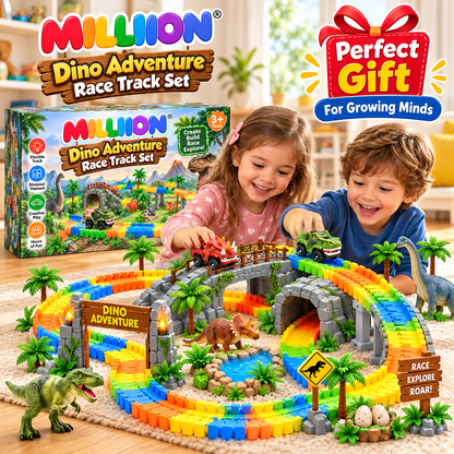 MILLIION® Dino Adventure Race Track Set – Flexible Dinosaur-Themed Track with Race Cars, Bridge, Tunnel & Creative Play Accessories