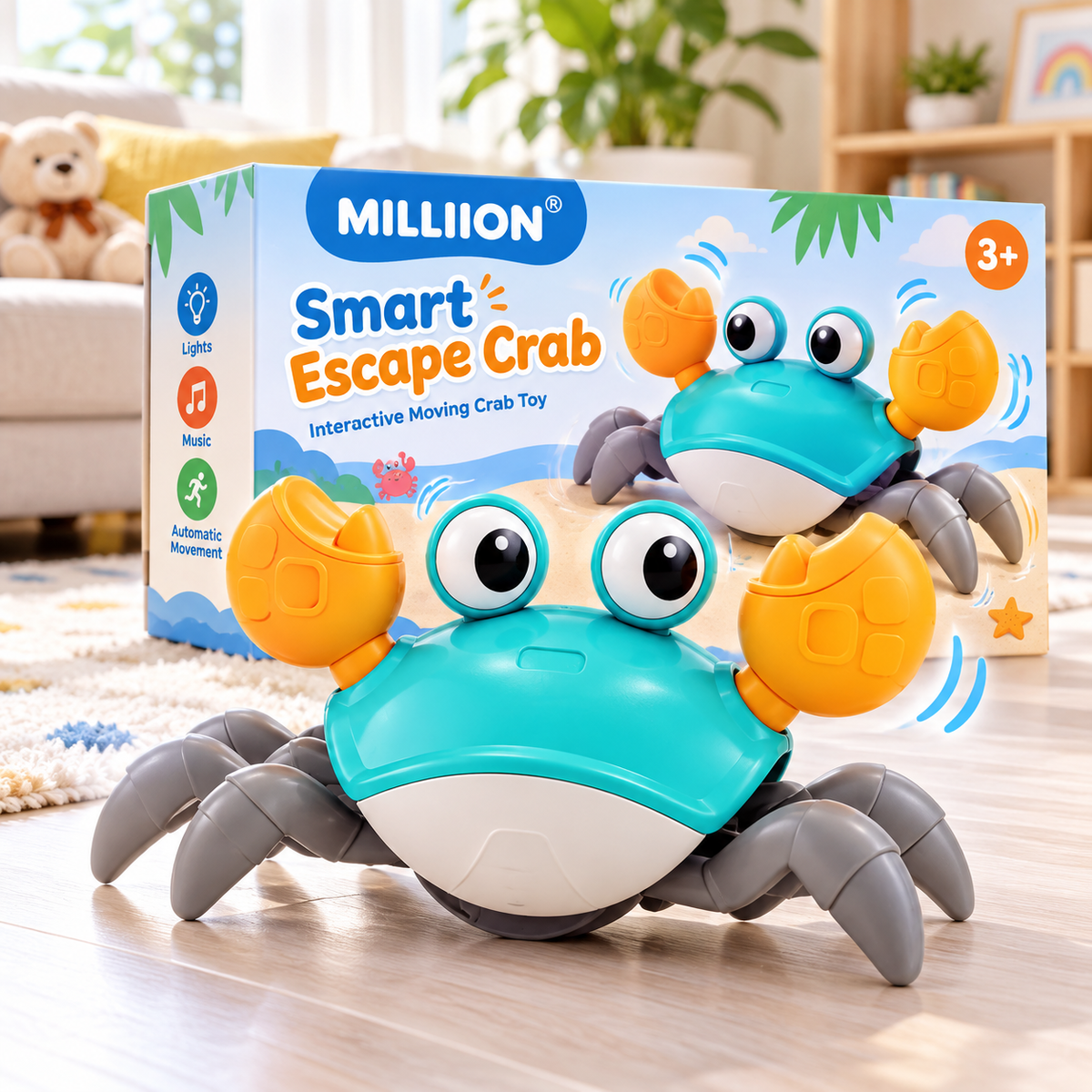 MILLIION® Smart Escape Crab – Interactive Moving Toy with Obstacle Avoidance, Music, LED Lights & Active Play for Kids