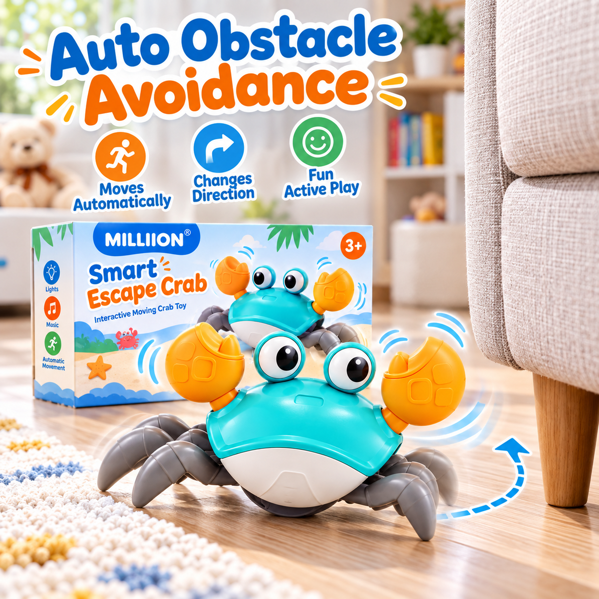 MILLIION® Smart Escape Crab – Interactive Moving Toy with Obstacle Avoidance, Music, LED Lights & Active Play for Kids