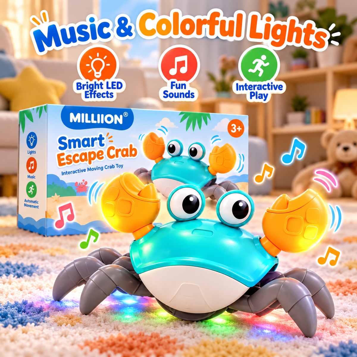 MILLIION® Smart Escape Crab – Interactive Moving Toy with Obstacle Avoidance, Music, LED Lights & Active Play for Kids