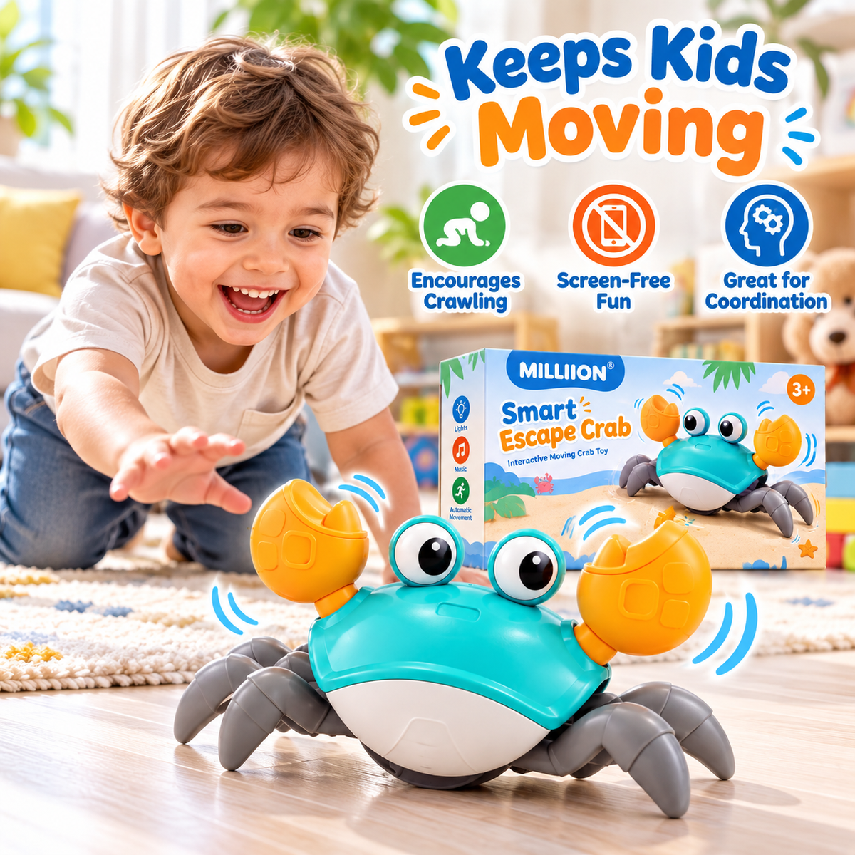 MILLIION® Smart Escape Crab – Interactive Moving Toy with Obstacle Avoidance, Music, LED Lights & Active Play for Kids