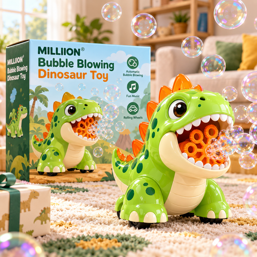 MILLIION® Bubble Blowing Dinosaur Toy – Automatic Bubble Machine with Music, LED Lights & Rolling Wheels for Indoor and Outdoor Play