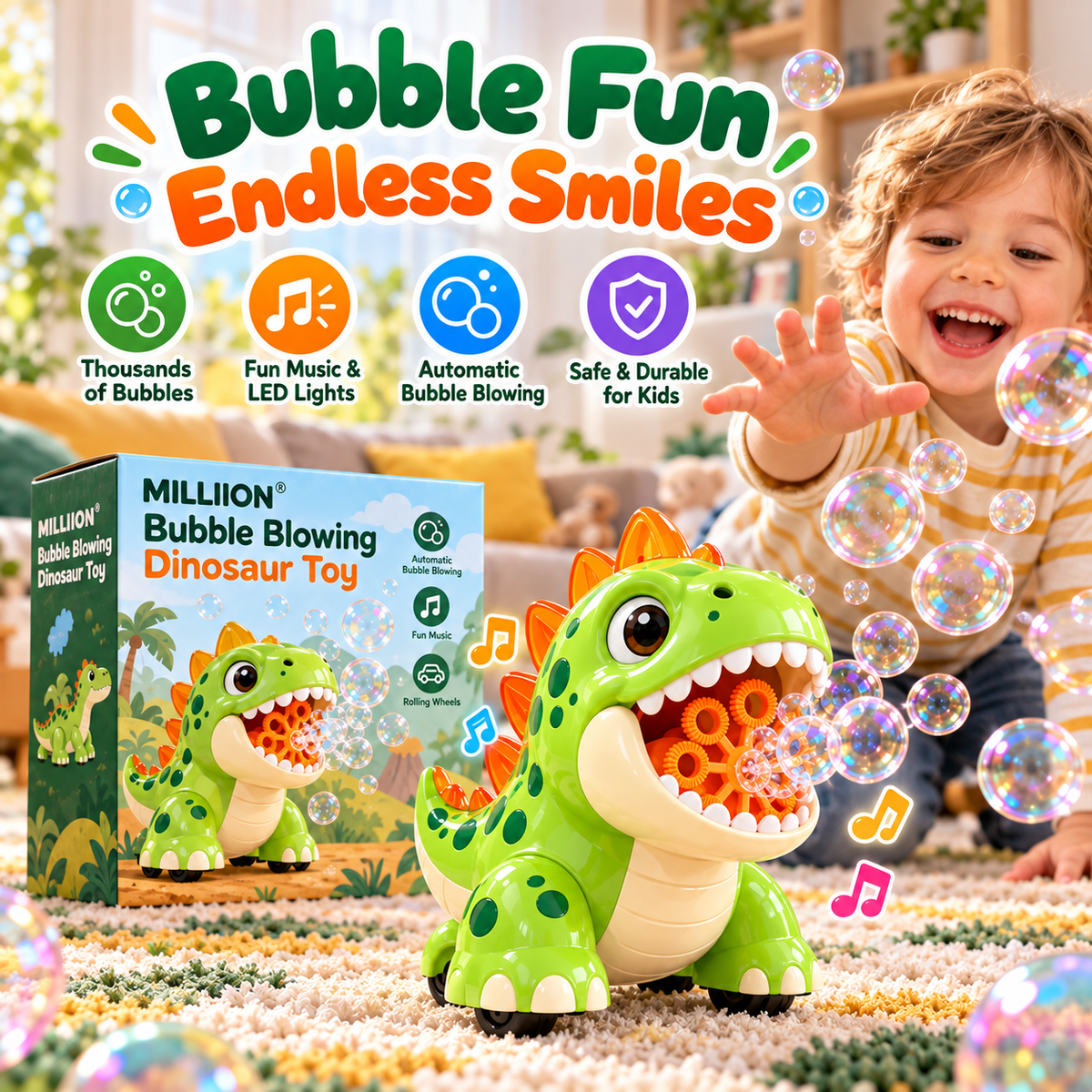 MILLIION® Bubble Blowing Dinosaur Toy – Automatic Bubble Machine with Music, LED Lights & Rolling Wheels for Indoor and Outdoor Play