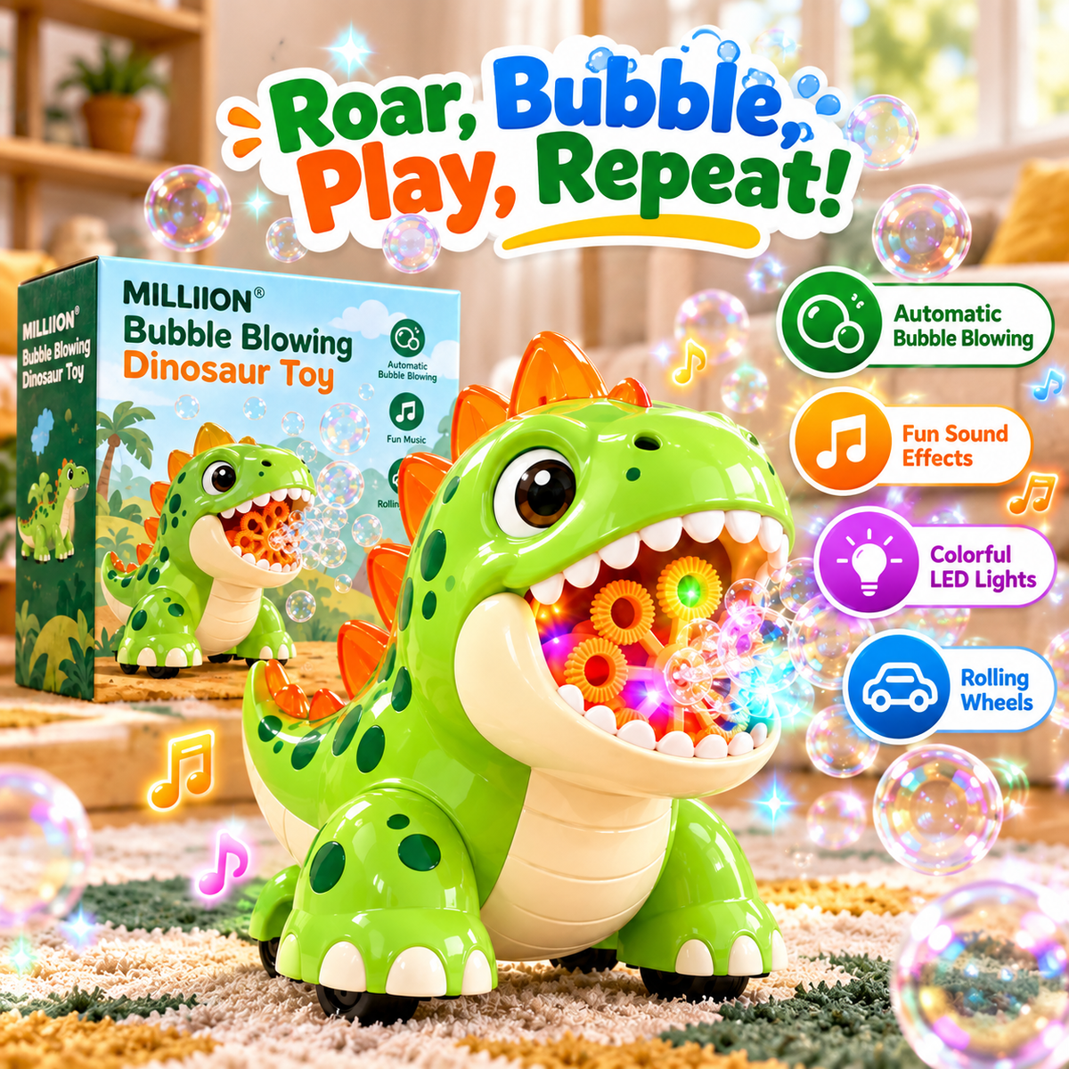 MILLIION® Bubble Blowing Dinosaur Toy – Automatic Bubble Machine with Music, LED Lights & Rolling Wheels for Indoor and Outdoor Play