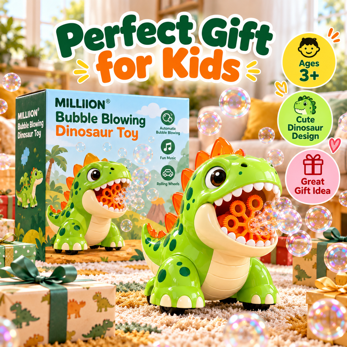 MILLIION® Bubble Blowing Dinosaur Toy – Automatic Bubble Machine with Music, LED Lights & Rolling Wheels for Indoor and Outdoor Play