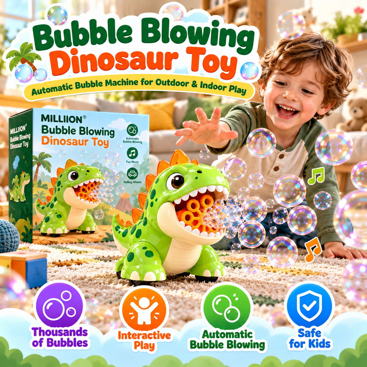 MILLIION® Bubble Blowing Dinosaur Toy – Automatic Bubble Machine with Music, LED Lights & Rolling Wheels for Indoor and Outdoor Play