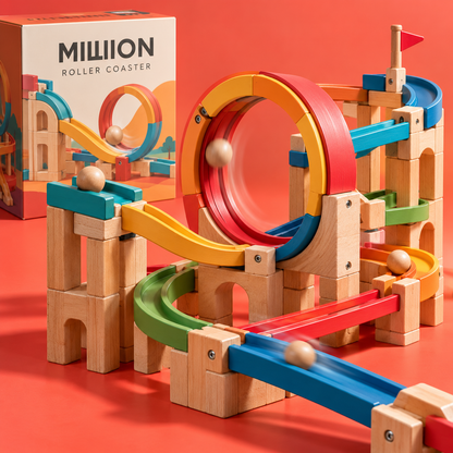 MILLIION® Wooden Roller Coaster Toy – Marble Run Building Set with Colorful Tracks, Loop & Rolling Balls for Creative Play