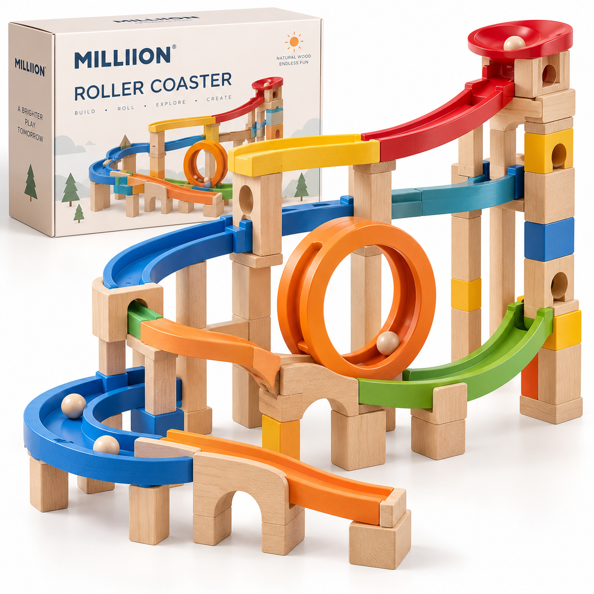 MILLIION® Wooden Roller Coaster Toy – Marble Run Building Set with Colorful Tracks, Loop & Rolling Balls for Creative Play