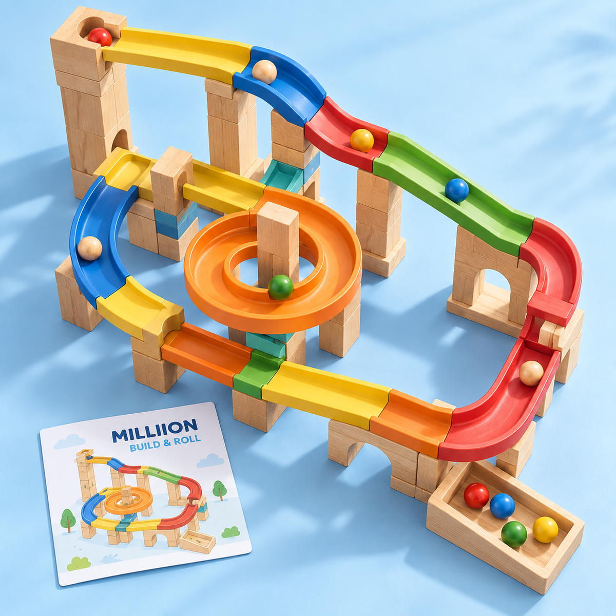 MILLIION® Wooden Roller Coaster Toy – Marble Run Building Set with Colorful Tracks, Loop & Rolling Balls for Creative Play