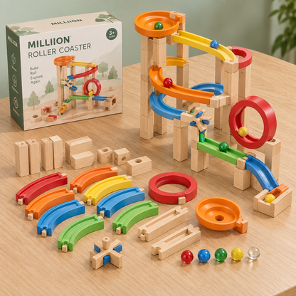 MILLIION® Wooden Roller Coaster Toy – Marble Run Building Set with Colorful Tracks, Loop & Rolling Balls for Creative Play