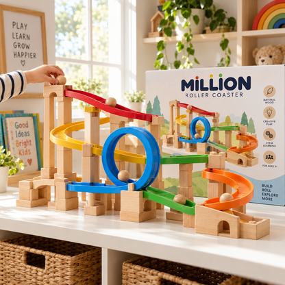 MILLIION® Wooden Roller Coaster Toy – Marble Run Building Set with Colorful Tracks, Loop & Rolling Balls for Creative Play