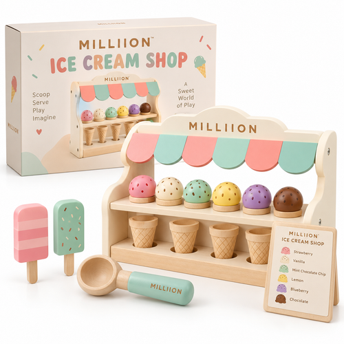 MILLIION® Wooden Ice Cream Shop Toy – Pretend Play Set with Colorful Scoops, Cones & Popsicles for Creative Play