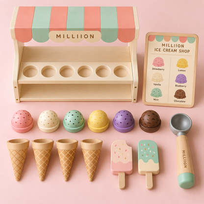 MILLIION® Wooden Ice Cream Shop Toy – Pretend Play Set with Colorful Scoops, Cones & Popsicles for Creative Play