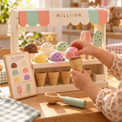 MILLIION® Wooden Ice Cream Shop Toy – Pretend Play Set with Colorful Scoops, Cones & Popsicles for Creative Play