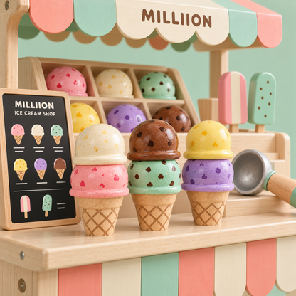 MILLIION® Wooden Ice Cream Shop Toy – Pretend Play Set with Colorful Scoops, Cones & Popsicles for Creative Play