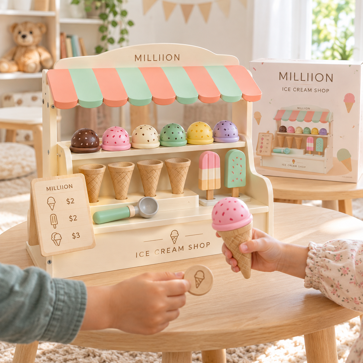 MILLIION® Wooden Ice Cream Shop Toy – Pretend Play Set with Colorful Scoops, Cones & Popsicles for Creative Play