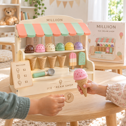 MILLIION® Wooden Ice Cream Shop Toy – Pretend Play Set with Colorful Scoops, Cones & Popsicles for Creative Play