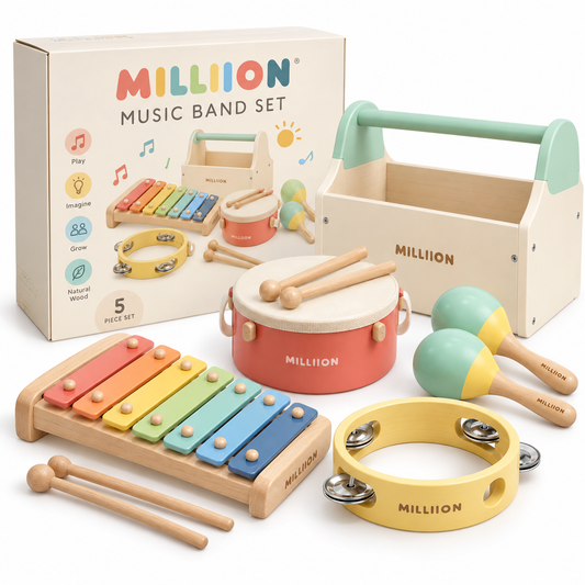 MILLIION® Wooden Music Band Set – Xylophone, Drum, Maracas & Tambourine with Storage Stand for Creative Play