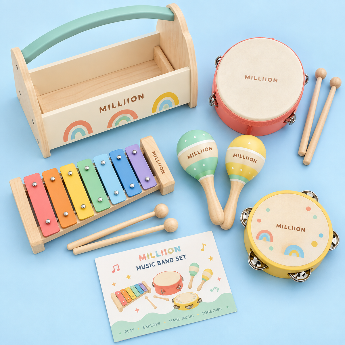 MILLIION® Wooden Music Band Set – Xylophone, Drum, Maracas & Tambourine with Storage Stand for Creative Play