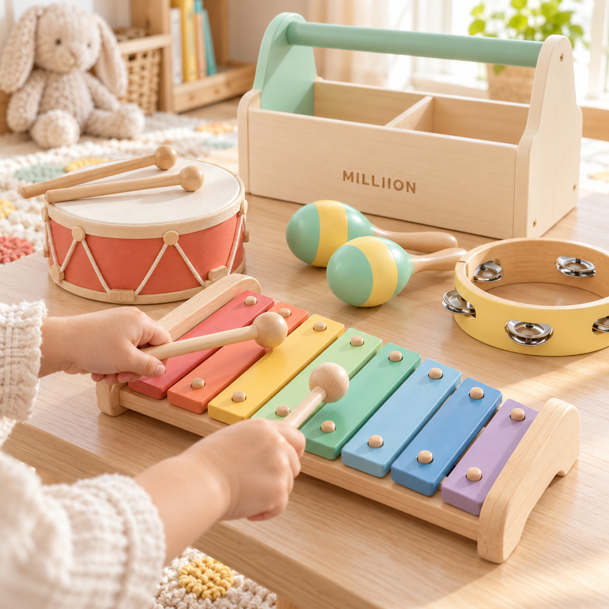 MILLIION® Wooden Music Band Set – Xylophone, Drum, Maracas & Tambourine with Storage Stand for Creative Play