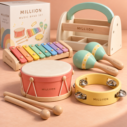 MILLIION® Wooden Music Band Set – Xylophone, Drum, Maracas & Tambourine with Storage Stand for Creative Play