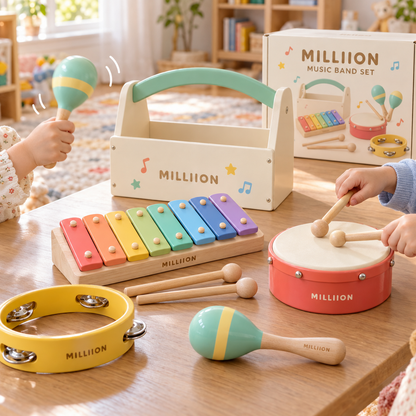 MILLIION® Wooden Music Band Set – Xylophone, Drum, Maracas & Tambourine with Storage Stand for Creative Play