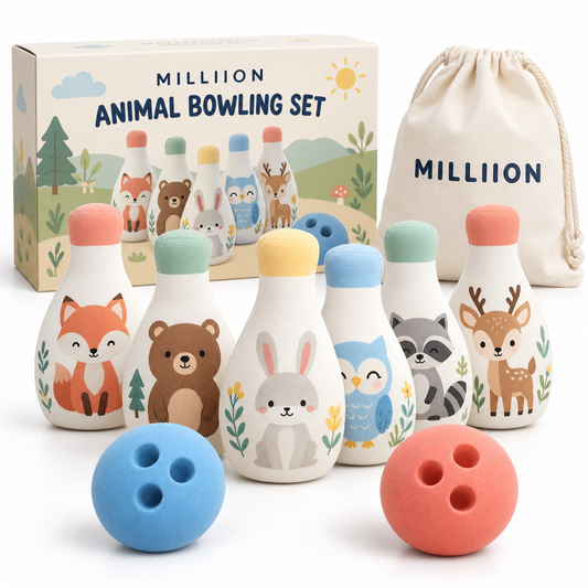 MILLIION® Animal Bowling Set – 6 Soft Foam Pins, 2 Bowling Balls & Carry Bag for Indoor Play