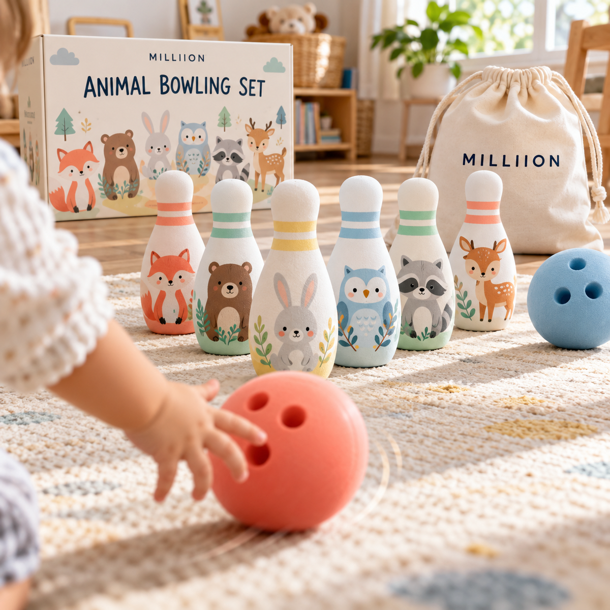MILLIION® Animal Bowling Set – 6 Soft Foam Pins, 2 Bowling Balls & Carry Bag for Indoor Play