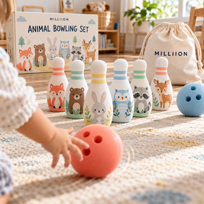 MILLIION® Animal Bowling Set – 6 Soft Foam Pins, 2 Bowling Balls & Carry Bag for Indoor Play