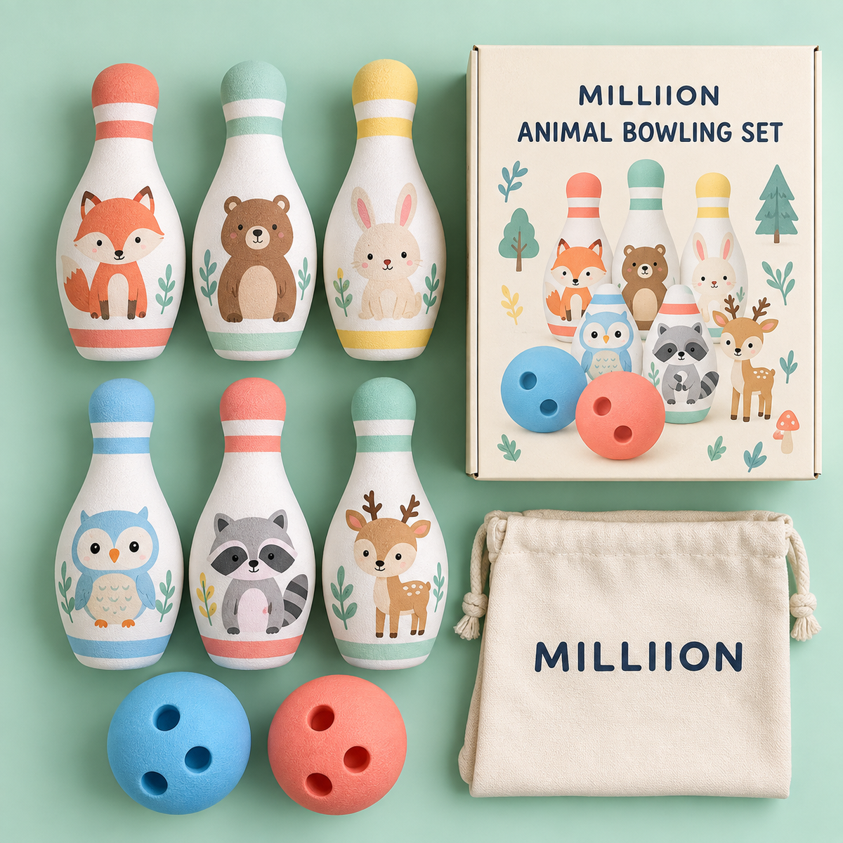 MILLIION® Animal Bowling Set – 6 Soft Foam Pins, 2 Bowling Balls & Carry Bag for Indoor Play