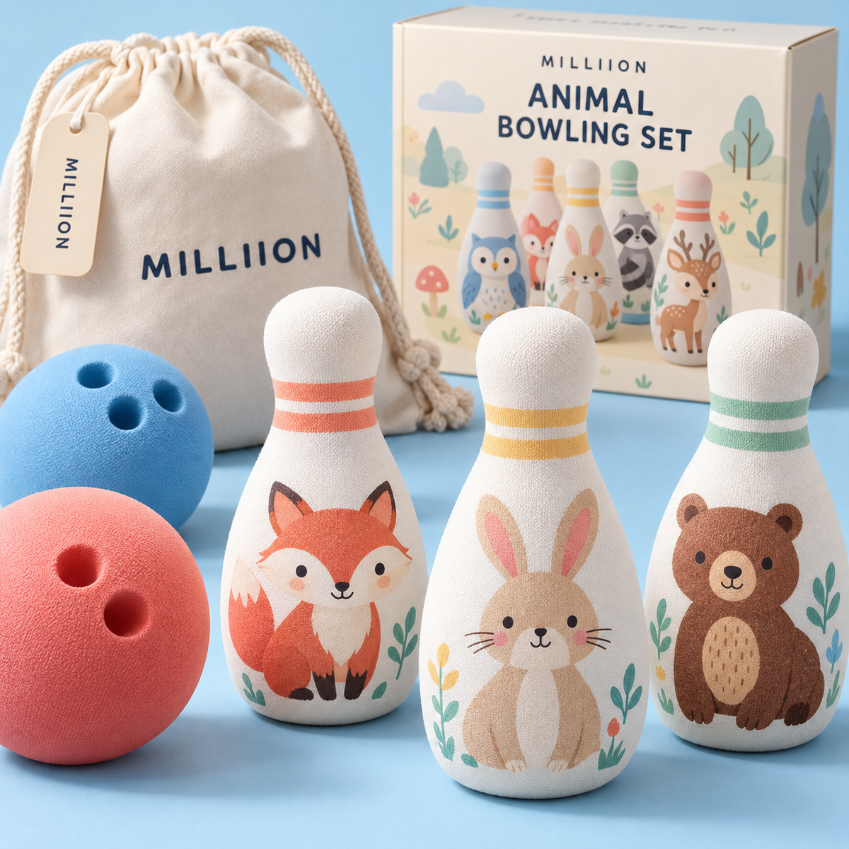 MILLIION® Animal Bowling Set – 6 Soft Foam Pins, 2 Bowling Balls & Carry Bag for Indoor Play