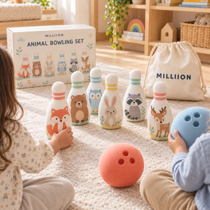 MILLIION® Animal Bowling Set – 6 Soft Foam Pins, 2 Bowling Balls & Carry Bag for Indoor Play