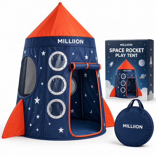 MILLIION® Space Rocket Play Tent – Kids Indoor Tent with Porthole Windows, Roll-Up Door & Carry Bag