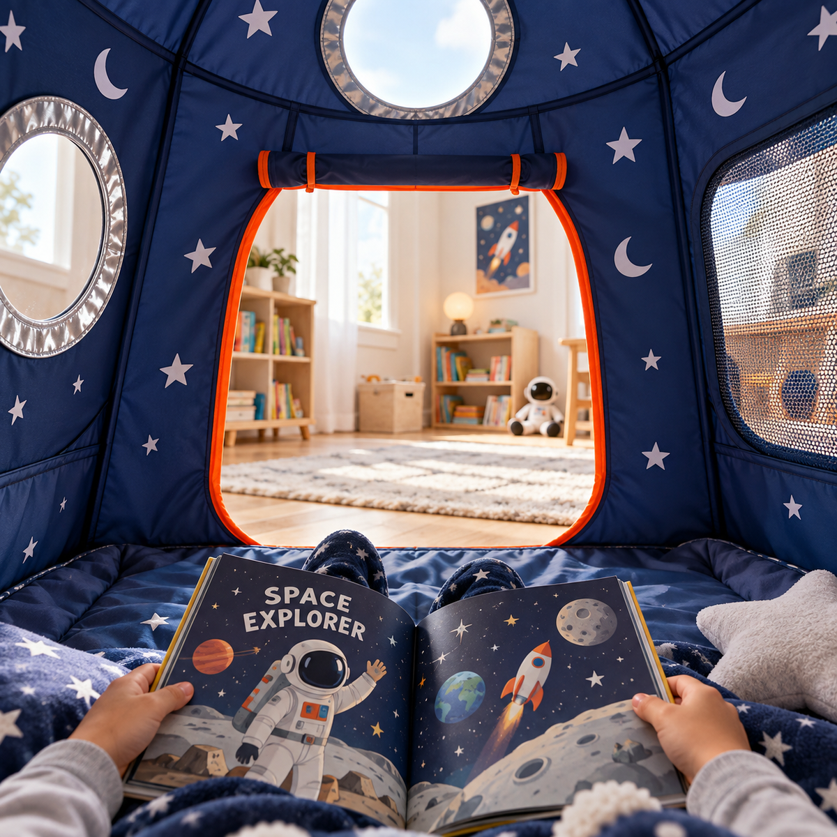 MILLIION® Space Rocket Play Tent – Kids Indoor Tent with Porthole Windows, Roll-Up Door & Carry Bag