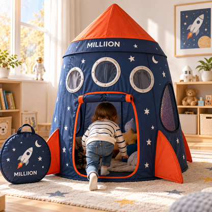 MILLIION® Space Rocket Play Tent – Kids Indoor Tent with Porthole Windows, Roll-Up Door & Carry Bag