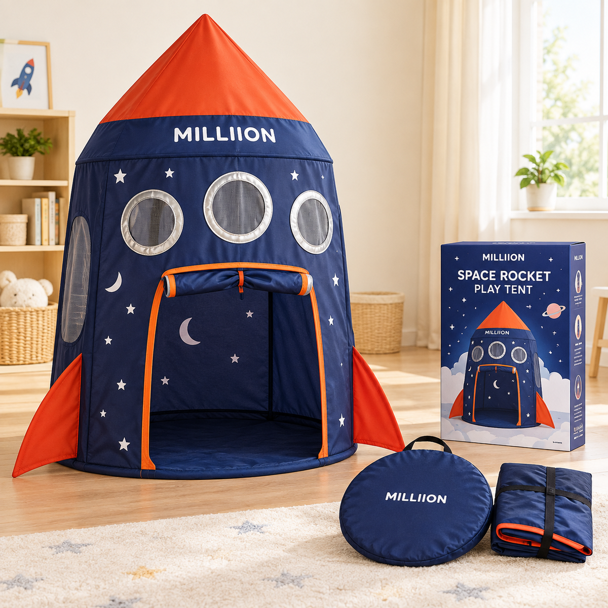 MILLIION® Space Rocket Play Tent – Kids Indoor Tent with Porthole Windows, Roll-Up Door & Carry Bag