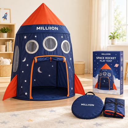 MILLIION® Space Rocket Play Tent – Kids Indoor Tent with Porthole Windows, Roll-Up Door & Carry Bag