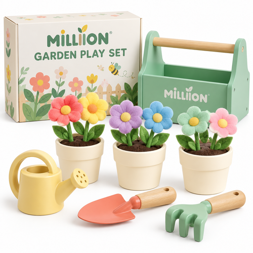 MILLIION® Kids Garden Play Set – Felt Flowers, Toy Pots, Watering Can & Gardening Tools for Pretend Play