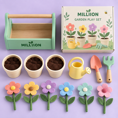 MILLIION® Kids Garden Play Set – Felt Flowers, Toy Pots, Watering Can & Gardening Tools for Pretend Play