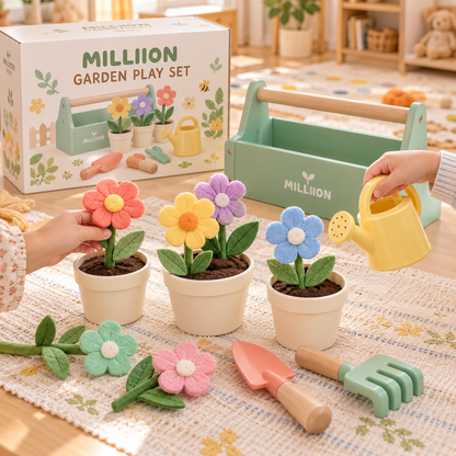MILLIION® Kids Garden Play Set – Felt Flowers, Toy Pots, Watering Can & Gardening Tools for Pretend Play